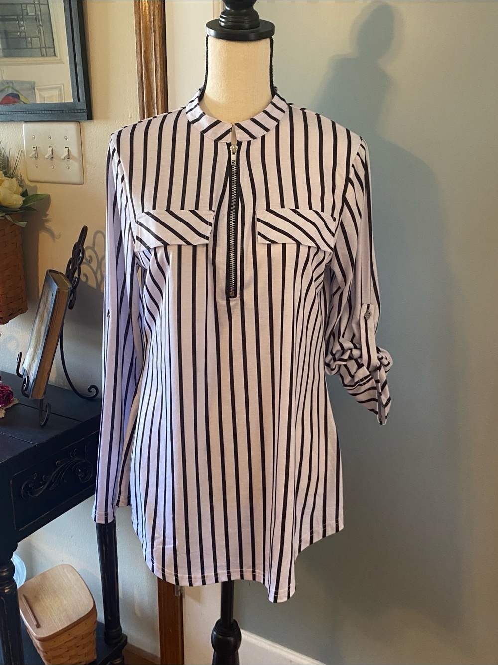 Striped Black and White Zip-Front Women's Blouse